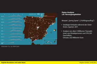Daten-Analyse:
                                      z.B. Versorgungsketten


                                      Beispiel „Spring Spree” („Frühlingsausflug”)

                                      ▪ Getätigte Einkäufe während der Oster-
                                        ferien, Spanien 2011

                                      ▪ Analyse von über 4 Millionen Transakti-
                                        onen von Einzelpersonen und 374.220
                                        Geschäften,
                                        Umsatz: 232 Millionen Euro



SENSEable City Lab, BBVA Bank




Digitale Revolution und realer Raum                           Brigitte Schultz | 24.09.2012
 