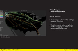 Daten-Analyse:
                                      z.B. Entsorgungsketten


                                      Beispiel Trash-Track

                                      ▪ Nachverfolgung der räumlichen Wege
                                        des Mülls aus Seattle

                                      ▪ Visualisierung der Entsorgungsketten
                                        durch Geotagging von 3000 verschie-
                                        denen städtischen Abfällen




SENSEable City Lab




Digitale Revolution und realer Raum                          Brigitte Schultz | 24.09.2012
 