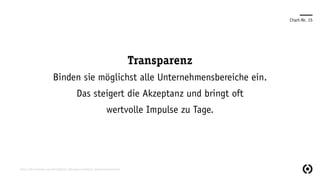 Chart-Nr. 15
Transparenz
Binden sie möglichst alle Unternehmensbereiche ein.
Das steigert die Akzeptanz und bringt oft
wertvolle Impulse zu Tage.
https://de.wikipedia.org/wiki/Agilität_(Management)#Agile_Organisationsstruktur
 