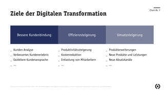 Bessere Kundenbindung Effizienzsteigerung Umsatzsteigerung
__ Kunden-Analyse
__ Verbessertes Kundenerlebnis
__ Gezieltere Kundenansprache
__ ...
__ Produktivitätssteigerung
__ Kostenreduktion
__ Entlastung von Mitarbeitern
__ ...
__ Produkterweiterungen
__ Neue Produkte und Leistungen
__ Neue Absatzkanäle
__ ...
Chart-Nr. 7
https://svenruoss.ch/2015/06/17/teil-3-die-drei-themengebiete-der-digitalen-transformation-customer-experience-operationelle-prozesse-und-geschaftsmodelle/
Ziele der Digitalen Transformation
 