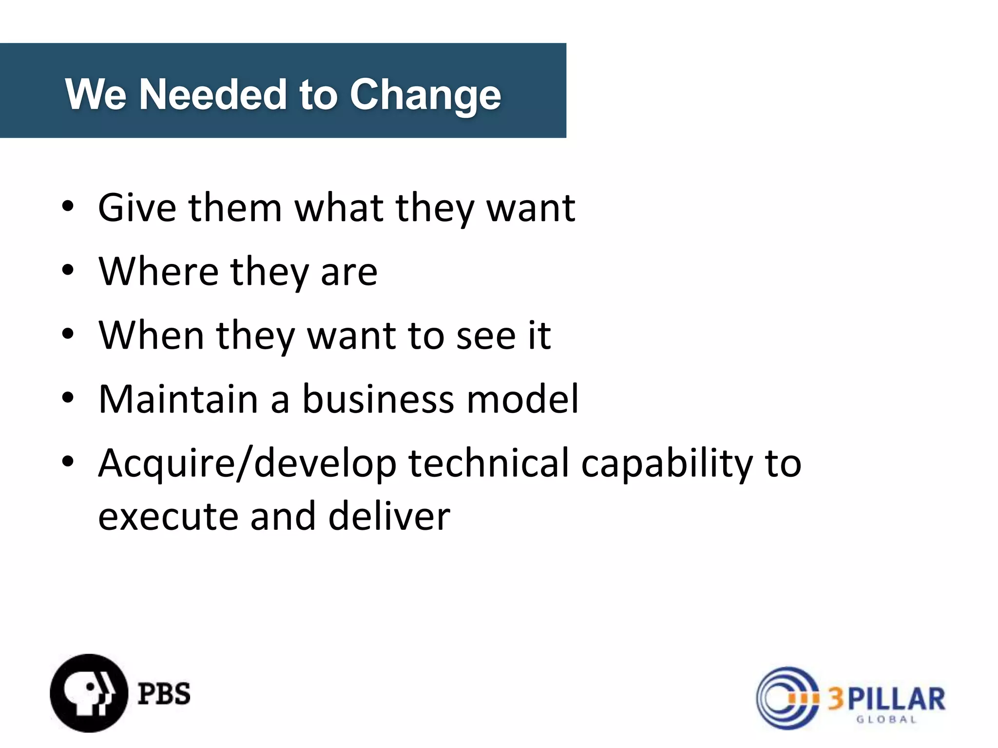 WITNESSING A SEA CHANGE
• Explosion of content and publishers competing for digital
audience
• Fragmentation of online content
• Explosion of distribution channels (devices, mobile,
Facebook, Twitter)
• Viewers increasingly demanded what they wanted, where
the wanted it, and
• Decline in public/corporate funding
• Increasingly irrelevant in the digital world?

© Copyright 2014. 3Pillar | All rights reserved Strictly Confidential

7

 