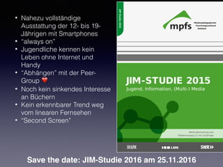 • In Talkshows wird noch über das “ob” und nicht das
“wie” diskutiert.
• Kulturpessimismus
• Paradigmenwechsel von der Sprach- zur
Informationsgesellschaft noch nicht erkannt
Eine kurze Bestandsaufnahme…
 