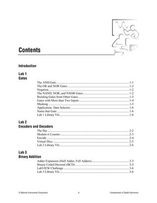 Contents

Introduction

Lab 1
Gates
                     The AND Gate...............................................................................................1-1
                     The OR and XOR Gates ................................................................................1-2
                     Negation.........................................................................................................1-2
                     The NAND, NOR, and NXOR Gates............................................................1-2
                     Building Gates from Other Gates ..................................................................1-3
                     Gates with More than Two Inputs .................................................................1-4
                     Masking .........................................................................................................1-5
                     Application: Data Selector.............................................................................1-6
                     Name that Gate ..............................................................................................1-6
                     Lab 1 Library VIs ..........................................................................................1-6

Lab 2
Encoders and Decoders
                     The Die ..........................................................................................................2-2
                     Modulo 6 Counter..........................................................................................2-3
                     Encode ...........................................................................................................2-4
                     Virtual Dice ...................................................................................................2-5
                     Lab 2 Library VIs ..........................................................................................2-6

Lab 3
Binary Addition
                     Adder Expansion (Half Adder, Full Adders).................................................3-3
                     Binary Coded Decimal (BCD).......................................................................3-5
                     LabVIEW Challenge .....................................................................................3-6
                     Lab 3 Library VIs ..........................................................................................3-6




© National Instruments Corporation                                    iii                                    Fundamentals of Digital Electronics
 
