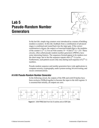Lab 5
Pseudo-Random Number
Generators

                                In the last lab, simple ring counters were introduced as a means of building
                                modulo-n counters. In this lab, feedback from a combination of advanced
                                stages is combined and routed back into the input gate. If the correct
                                combination is chosen, the output is of maximal length (that is, the modulus
                                of the counter is 2N-1). For an 8-bit counter, N = 8 and (2N-1) = 255. These
                                circuits, often called pseudo-random number generators (PRNG), have
                                some interesting features. The sequences formed appear to be random over
                                the short range, but in fact the sequence repeats after (2N-1) cycles.
                                Furthermore, each pattern occurs only once during each sequence of (2N-1)
                                numbers.

                                Pseudo-random sequence and number generators have wide applications in
                                computer security, cryptography, audio systems testing, bit error testing, and
                                secure communications.

A 6-Bit Pseudo-Random Number Generator
                                In the following circuit, the outputs of the fifth and sixth D-latches have
                                been exclusive NORed together to become the input to the shift register. It
                                is assumed that initially, all outputs are zero.



                 D        Q          D       Q    D        Q         D       Q    D        Q          D          Q
                      1                  2             3                 4             5                    6
                  C                  C             C                 C             C                    C

                                                                                                                Clock

                               Figure 5-1. 6-Bit PRNG Built from Six D-Latches and an XOR Gate




© National Instruments Corporation                             5-1                             Fundamentals of Digital Electronics
 