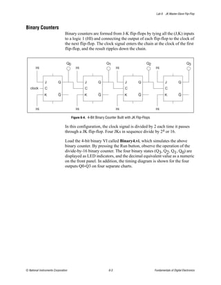 Lab 6 JK Master-Slave Flip-Flop



Binary Counters
                                Binary counters are formed from J-K flip-flops by tying all the (J,K) inputs
                                to a logic 1 (HI) and connecting the output of each flip-flop to the clock of
                                the next flip-flop. The clock signal enters the chain at the clock of the first
                                flip-flop, and the result ripples down the chain.


                                 Q0                            Q1                           Q2                                Q3
        Hi                               Hi                            Hi                          Hi



               J          Q                    J         Q                  J         Q                    J          Q
   clock       C                               C                            C                              C
               K          Q                    K         Q                  K         Q                   K           Q



        Hi                               Hi                            Hi                          Hi

                                      Figure 6-4. 4-Bit Binary Counter Built with JK Flip-Flops

                                In this configuration, the clock signal is divided by 2 each time it passes
                                through a JK flip-flop. Four JKs in sequence divide by 24 or 16.

                                Load the 4-bit binary VI called Binary4.vi, which simulates the above
                                binary counter. By pressing the Run button, observe the operation of the
                                divide-by-16 binary counter. The four binary states (Q3, Q2, Q1, Q0) are
                                displayed as LED indicators, and the decimal equivalent value as a numeric
                                on the front panel. In addition, the timing diagram is shown for the four
                                outputs Q0-Q3 on four separate charts.




© National Instruments Corporation                               6-3                              Fundamentals of Digital Electronics
 
