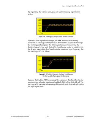 Lab 8 Analog-to-Digital Converters, Part I



                                By expanding the vertical scale, you can see the tracking algorithm in
                                action.




                                                Figure 8-6. Tracking ADC Output when Input is Constant

                                However, if the input level changes, the ADC must revert to a ramp
                                waveform to catch up to the input level. Provided the clock is fast enough,
                                the tracking can keep pace. But if the signal changes too quickly, the
                                digitized signal is lost until the test level catches up again. In practice, it is
                                the slewing speed of the DAC that limits the maximum input frequency that
                                the tracking ADC can follow.




                                                Figure 8-7. A Sudden Change in the Input Level Causes
                                                      the Test Level to Ramp Up to the New Level

                                Because the tracking ADC uses an up/down counter, the algorithm has the
                                same problem when the input signal suddenly falls below the test level. The
                                tracking ADC reverts to a down ramp (Figure 8-8) until the test level reaches
                                the input signal level.




© National Instruments Corporation                          8-5                             Fundamentals of Digital Electronics
 