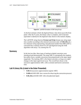 Lab 9 Analog-to-Digital Converters, Part II




                                                  Figure 9-4. LabVIEW Simulation of SAR Using Arrays

                                  As the best estimate is built, the digitized binary value shows up on the front
                                  panel. After the 8 cycles, the binary value is complete, and its decimal
                                  equivalent is identical to the digitized value shown in the numeric display.

                                  The LabVIEW string function Format and Strip formats any string input
                                  into a number according to the selected conversion code. In SAR_Hex.vi, a
                                  two-character string representing a hexadecimal number from $00 to $FF is
                                  converted into a numeric from 0 to 255 and digitized using the SAR
                                  algorithm with arrays. Try running this VI.

Summary
                                  In the last two labs, three types of analog-to-digital converters were
                                  introduced and demonstrated. The ramp ADC is conceptually the simplest,
                                  but suffers from a variable conversion time proportional to the input signal
                                  magnitude. The tracking ADC is the fastest converter, as long as no rapid
                                  changes in the input signal level occur. The overall best choice is the
                                  successive approximation ADC, with a constant and known conversion
                                  time.

Lab 9 Library VIs (Listed in the Order Presented)
                                  •    SAR.vi (successive approximation register ADC)
                                  •    SAR0.vi (SAR ADC slow version for observing the conversion process)
                                  •    SAR_Hex.vi (SAR ADC with a hexadecimal input)




Fundamentals of Digital Electronics                         9-4                           © National Instruments Corporation
 
