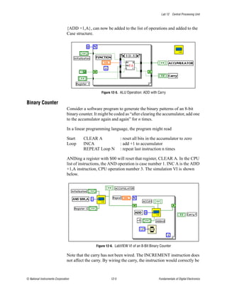 Lab 12 Central Processing Unit



                                {ADD +1,A}, can now be added to the list of operations and added to the
                                Case structure.




                                                    Figure 12-5. ALU Operation: ADD with Carry


Binary Counter
                                Consider a software program to generate the binary patterns of an 8-bit
                                binary counter. It might be coded as “after clearing the accumulator, add one
                                to the accumulator again and again” for n times.

                                In a linear programming language, the program might read

                                Start    CLEAR A                 : reset all bits in the accumulator to zero
                                Loop     INCA                    : add +1 to accumulator
                                         REPEAT Loop N           : repeat last instruction n times

                                ANDing a register with $00 will reset that register, CLEAR A. In the CPU
                                list of instructions, the AND operation is case number 1. INC A is the ADD
                                +1,A instruction, CPU operation number 3. The simulation VI is shown
                                below.




                                                 Figure 12-6. LabVIEW VI of an 8-Bit Binary Counter

                                Note that the carry has not been wired. The INCREMENT instruction does
                                not affect the carry. By wiring the carry, the instruction would correctly be



© National Instruments Corporation                        12-5                            Fundamentals of Digital Electronics
 