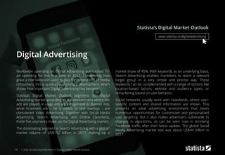 1: Only includes countries listed in Statista‘s Digital Market Outlook
Digital Advertising
Worldwide spending on Digital Advertising outreached TV-
ad spending for the first time in 2017. Considering how
great a role television used to play for generations of media
consumers, this is quite a revolutionary development, which
shows how important Digital Advertising has become.
Statista’s Digital Market Outlook segments the Digital
Advertising market according to the environment where the
ads are played. In-page ads are categorized as Banner Ads,
while in-stream ads – be it videos or text overlays – are
considered Video Advertising. Together with Social Media
Advertising, Search Advertising, and Online Classifieds,
these five segments make up the Digital Advertising market.
The dominating segment is Search Advertising with a global1
market volume of US$112 billion in 2017, making up a
market share of 45%. With keywords as an underlying basis,
Search Advertising enables marketers to reach a relevant
target group in a very simple and precise way. These
keywords can be complemented with a range of options like
location-based factors, website and audience types, or
remarketing based on user behavior.
Social networks usually work with newsfeeds, where user-
specific content and shared information are shown. This
presents an ideal advertising environment that bears
numerous opportunities for customized and personalized
user targeting. But it also makes advertisers vulnerable to
changes in algorithms, as can be seen now in shrinking
Facebook traffic after their latest update. The global Social
Media Advertising market size was about US$44 billion in
2017.
Statista‘s Digital Market Outlook
www.statista.io/digitaladvertising
192
 