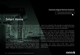 Smart Home
Smart Home and the Internet of Things (IoT) are irrevocably
entwined and the IoT is one of the most disruptive trends at
the moment, affecting a large number of traditional
industries. The rising number of connected devices and
sensors can be controlled via smart algorithms such as
machine learning tools and together form the IoT. The use
of the IoT in the context of private households defines a
Smart Home. The possibilities to automate processes in the
domestic context are almost unlimited.
In Statista’s Digital Market Outlook we divide the Smart
Home market into the segments Control and Connectivity,
Comfort and Lighting, Security, Home Entertainment, Energy
Management, and Smart Appliances. The biggest Smart
Home market in 2017 was the U.S. with revenues of US$15
billion. Although the prospects are positive, U.S. growth
rates of an expected 16% annually are significantly lower
than the Chinese CAGR1 of 45%. But currently, the Chinese
market is still small with revenues of US$4 billion.
Devices in a Smart Home are seldom used separately.
Customers don’t want to switch devices and technologies
when controlling their home entertainment or security
systems, for example. At the same time, they like to have
access to certain services like music streaming in all life
situations, be it in their home, in the car, or on their phone.
Thus, it is necessary for companies in the Smart Home field
to work on compatibility between services across industries.
Accordingly, the Smart Home field offers revenue
opportunities for countless industries, such as insurance or
eCommerce.
Statista‘s Digital Market Outlook
202
www.statista.io/smarthome
1: CAGR: Compound Annual Growth Rate / average growth rate per year
 
