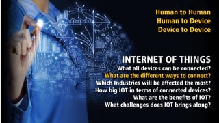 INTERNET OF THINGS
What all devices can be connected?
What are the different ways to connect?
Which Industries will be affected the most?
How big IOT in terms of connected devices?
What are the benefits of IOT?
What challenges does IOT brings along?
Human to Human
Human to Device
Device to Device
 