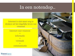 In een notendop.. digitale_dames Internet is niet meer weg te denken uit het dagelijks leven van vrouwen Internet voor vrouwen  =  informatie  +  vermaak  +  communicatie 