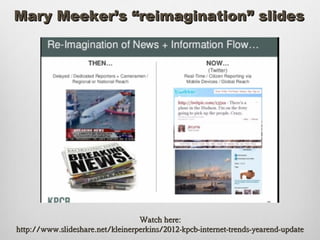 Mary Meeker’s “reimagination” slides




                                  Watch here:
http://www.slideshare.net/kleinerperkins/2012-kpcb-internet-trends-yearend-update
 