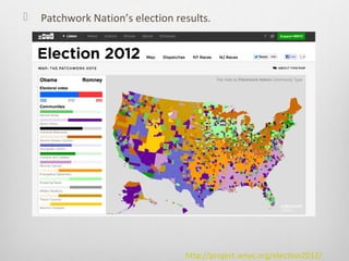    Patchwork Nation’s election results.




                                  http://project.wnyc.org/election2012/
 