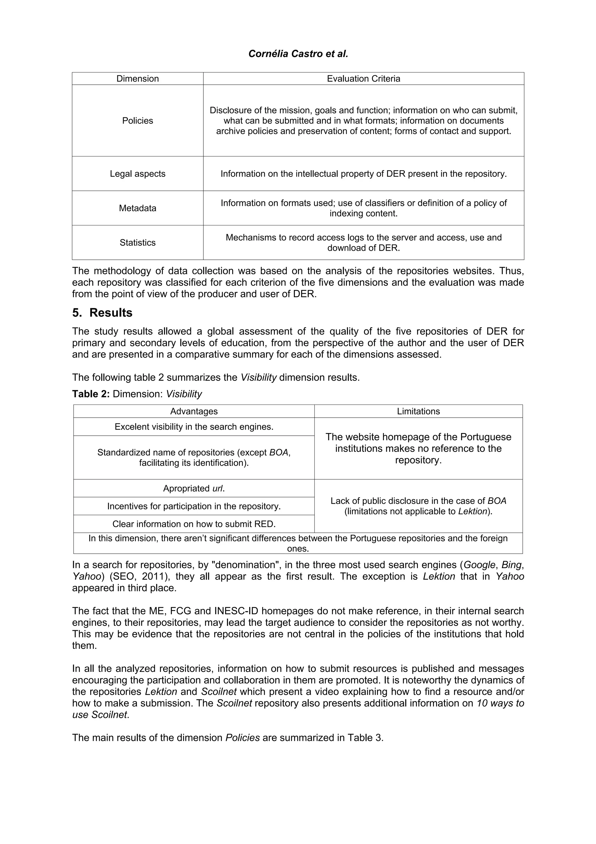Cornélia Castro et al.

          Dimension                                                Evaluation Criteria


                                    Disclosure of the mission, goals and function; information on who can submit,
            Policies                   what can be submitted and in what formats; information on documents
                                     archive policies and preservation of content; forms of contact and support.



        Legal aspects                 Information on the intellectual property of DER present in the repository.


                                      Information on formats used; use of classifiers or definition of a policy of
           Metadata
                                                                indexing content.

                                           Mechanisms to record access logs to the server and access, use and
           Statistics
                                                                  download of DER.

The methodology of data collection was based on the analysis of the repositories websites. Thus,
each repository was classified for each criterion of the five dimensions and the evaluation was made
from the point of view of the producer and user of DER.
5. Results
The study results allowed a global assessment of the quality of the five repositories of DER for
primary and secondary levels of education, from the perspective of the author and the user of DER
and are presented in a comparative summary for each of the dimensions assessed.

The following table 2 summarizes the Visibility dimension results.
Table 2: Dimension: Visibility
                         Advantages                                                  Limitations
          Excelent visibility in the search engines.
                                                                  The website homepage of the Portuguese
     Standardized name of repositories (except BOA,                 institutions makes no reference to the
               facilitating its identification).                                  repository.

                        Apropriated url.
                                                                    Lack of public disclosure in the case of BOA
        Incentives for participation in the repository.
                                                                       (limitations not applicable to Lektion).
         Clear information on how to submit RED.
   In this dimension, there aren’t significant differences between the Portuguese repositories and the foreign
                                                        ones.
In a search for repositories, by "denomination", in the three most used search engines (Google, Bing,
Yahoo) (SEO, 2011), they all appear as the first result. The exception is Lektion that in Yahoo
appeared in third place.

The fact that the ME, FCG and INESC-ID homepages do not make reference, in their internal search
engines, to their repositories, may lead the target audience to consider the repositories as not worthy.
This may be evidence that the repositories are not central in the policies of the institutions that hold
them.

In all the analyzed repositories, information on how to submit resources is published and messages
encouraging the participation and collaboration in them are promoted. It is noteworthy the dynamics of
the repositories Lektion and Scoilnet which present a video explaining how to find a resource and/or
how to make a submission. The Scoilnet repository also presents additional information on 10 ways to
use Scoilnet.

The main results of the dimension Policies are summarized in Table 3.
 