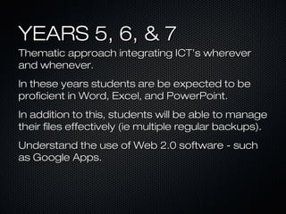 YEARS 5, 6, & 7
Thematic approach integrating ICT’s wherever
and whenever.
In these years students are be expected to be
proficient in Word, Excel, and PowerPoint.
In addition to this, students will be able to manage
their files effectively (ie multiple regular backups).
Understand the use of Web 2.0 software - such
as Google Apps.
 
