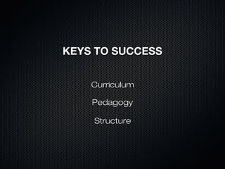 KEYS TO SUCCESS


    Curriculum

    Pedagogy

    Structure
 