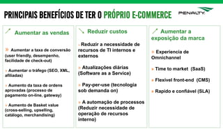 PRINCIPAIS BENEFÍCIOS DE TER O PRÓPRIO E-COMMERCE
Aumentar as vendas
» Aumentar a taxa de conversão
(user friendly, desempenho,
facilidade de check-out)
» Aumentar o tráfego (SEO, XML,
afiliadas)
» Aumento da taxa de ordens
aprovadas (processo de
pagamento on-line, gateway)
» Aumento de Basket value
(cross-selling, upselling,
catálogo, merchandising)
Reduzir custos
» Reduzir a necessidade de
recursos de TI internos e
externos
» Atualizações diárias
(Software as a Service)
» Pay-per-use (tecnologia
sob demanda on)
» A automação de processos
(Reduzir necessidade de
operação de recursos
interno)
Aumentar a
exposição da marca
» Experiencia de
Omnichannel
» Time to market (SaaS)
» Flexível front-end (CMS)
» Rapido e confiável (SLA)
 