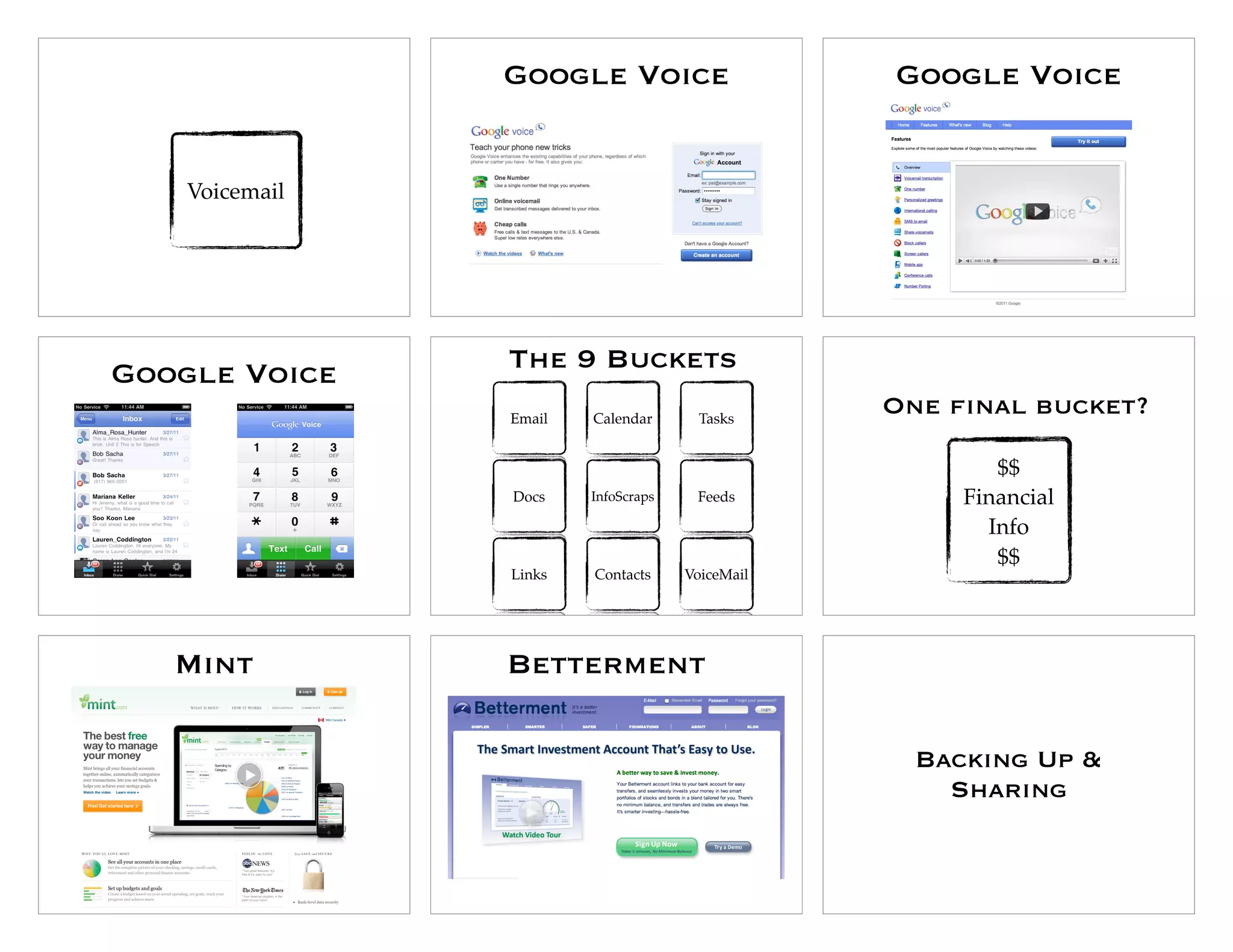Google Voice                     Google Voice


    Voicemail
      Reading
       Paper
        Docs
        Links
      Calendar
       Feeds
        Tasks
     InfoScraps




Google Voice      The 9 Buckets
                  Email   Calendar       Tasks
                                                   One final bucket?

                                                             $$
                  Docs    InfoScraps    Feeds           Financial
                                                           Reading
                                                            Paper
                                                             Docs
                                                             Links
                                                           Calendar
                                                            Feeds
                                                             Tasks
                                                          InfoScraps

                                                           Info
                                                             $$
                  Links   Contacts     VoiceMail




   Mint           Betterment

                                                     Backing Up &
                                                       Sharing
 