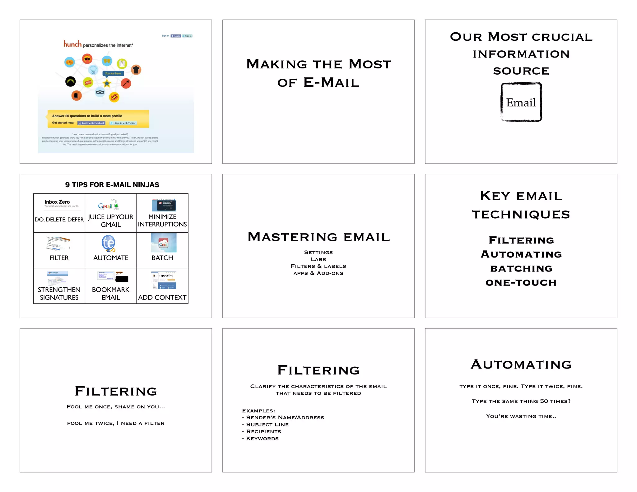 Our Most crucial
                                                                                                 information
                                                  Making the Most                                   source
                                                     of E-Mail
                                                                                                               Email




                                                                                                    Key email
DO, DELETE, DEFER JUICE UP YOUR
                    GMAIL
                                     MINIMIZE
                                  INTERRUPTIONS
                                                                                                   techniques
                                                   Mastering email                                     Filtering
    FILTER        AUTOMATE           BATCH
                                                                   Settings
                                                                     Labs                             Automating
                                                               Filters & labels
                                                                apps & Add-ons                         batching
 STRENGTHEN       BOOKMARK
                                                                                                       one-touch
  SIGNATURES        EMAIL         ADD CONTEXT




                                                           Filtering                               Automating
             Filtering                              Clarify the characteristics of the email
                                                           that needs to be filtered
                                                                                                type it once, fine. Type it twice, fine.

                                                                                                   Type the same thing 50 times?
          Fool me once, shame on you...
                                                  Examples:
                                                  - Sender’s Name/Address                               You’re wasting time..
          fool me twice, I need a filter          - Subject Line
                                                  - Recipients
                                                  - Keywords
 