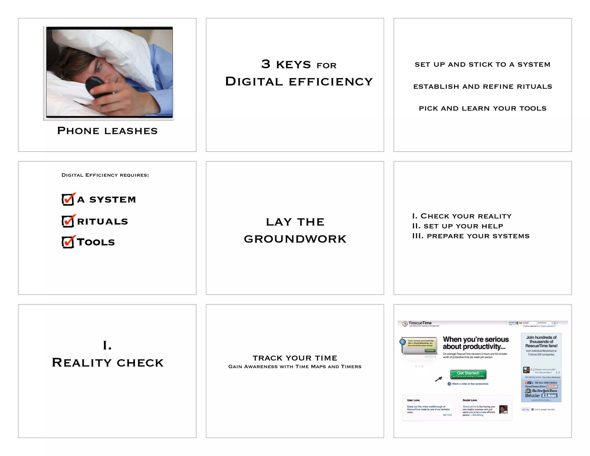 3 keys for                             set up and stick to a system
                                Digital efficiency                         establish and refine rituals

                                                                            pick and learn your tools

Phone leashes


 Digital Efficiency requires:



     a system
                                                                           I. Check your reality
     rituals                          lay the                              II. set up your help
     Tools                          groundwork                             III. prepare your systems




      I.
                                       track your time
Reality check                   Gain Awareness with Time Maps and Timers
 