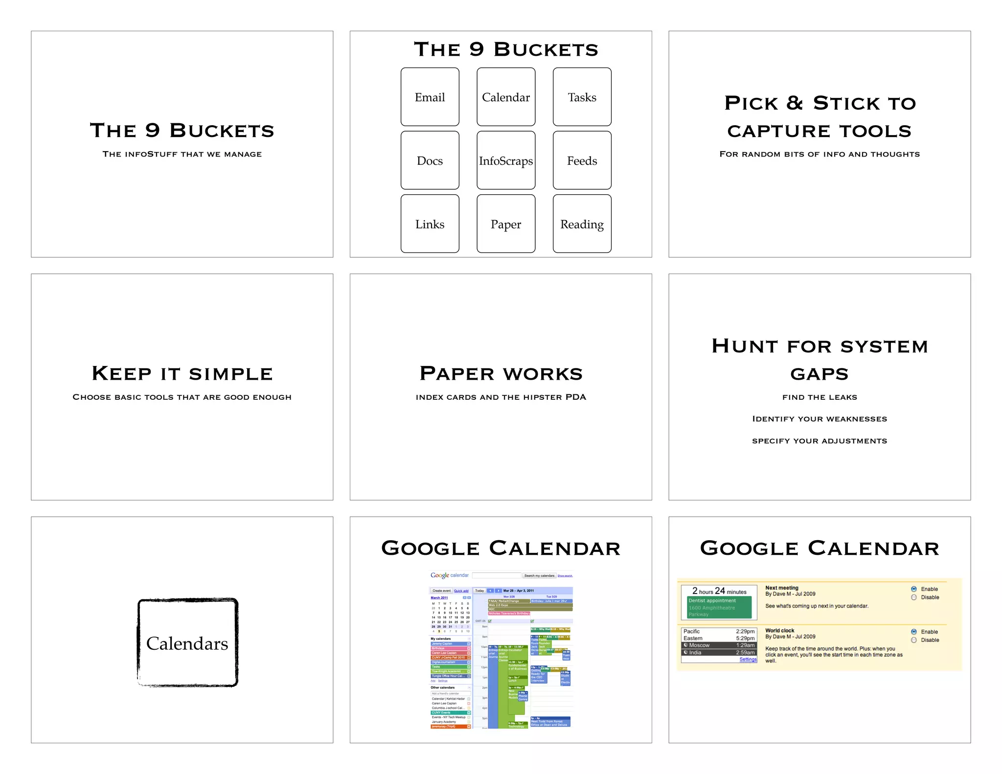 The 9 Buckets
                                            Email       Calendar       Tasks
                                                                                 Pick & Stick to
  The 9 Buckets                                                                  capture tools
     The infoStuff that we manage                                                For random bits of info and thoughts
                                            Docs       InfoScraps      Feeds




                                            Links        Paper        Reading




                                                                                Hunt for system
   Keep it simple                           Paper works                              gaps
Choose basic tools that are good enough     index cards and the hipster PDA                 find the leaks

                                                                                      Identify your weaknesses

                                                                                      specify your adjustments




                                          Google Calendar                       Google Calendar


             Calendars
               Reading
                Paper
                 Docs
                 Links
               Calendar
                Feeds
                 Tasks
              InfoScraps
 