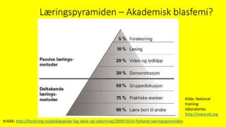 Læringspyramiden – Akademisk blasfemi?
Kilde: National
training
laboratories
http://www.ntl.org
Kritikk: http://forskning.no/pedagogiske-fag-skole-og-utdanning/2009/10/vil-forkaste-laeringspyramiden
 