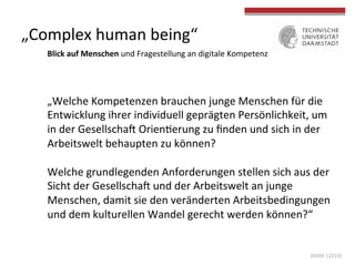  
	
  
„Complex	
  human	
  being“	
  
Blick	
  auf	
  Menschen	
  und	
  Fragestellung	
  an	
  digitale	
  Kompetenz	
  
„Welche	
  Kompetenzen	
  brauchen	
  junge	
  Menschen	
  für	
  die	
  
Entwicklung	
  ihrer	
  individuell	
  geprägten	
  Persönlichkeit,	
  um	
  
in	
  der	
  GesellschaU	
  Orien4erung	
  zu	
  ﬁnden	
  und	
  sich	
  in	
  der	
  
Arbeitswelt	
  behaupten	
  zu	
  können?	
  	
  
	
  
Welche	
  grundlegenden	
  Anforderungen	
  stellen	
  sich	
  aus	
  der	
  
Sicht	
  der	
  GesellschaU	
  und	
  der	
  Arbeitswelt	
  an	
  junge	
  
Menschen,	
  damit	
  sie	
  den	
  veränderten	
  Arbeitsbedingungen	
  
und	
  dem	
  kulturellen	
  Wandel	
  gerecht	
  werden	
  können?“	
  	
  
BMBF	
  (2010)	
  
 