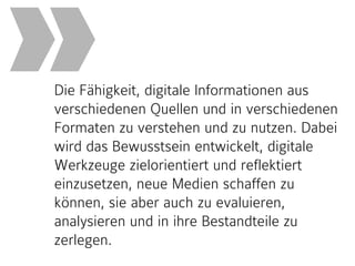 Die Fähigkeit, digitale Informationen aus
verschiedenen Quellen und in verschiedenen
Formaten zu verstehen und zu nutzen. Dabei
wird das Bewusstsein entwickelt, digitale
Werkzeuge zielorientiert und reflektiert
einzusetzen, neue Medien schaffen zu
können, sie aber auch zu evaluieren,
analysieren und in ihre Bestandteile zu
zerlegen.
»
 