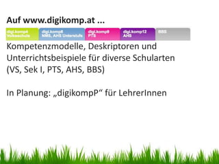 Auf www.digikomp.at ...
Kompetenzmodelle, Deskriptoren und
Unterrichtsbeispiele für diverse Schularten
(VS, Sek I, PTS, AHS, BBS)
In Planung: „digikompP“ für LehrerInnen
 