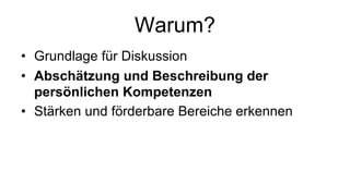 Warum?
• Grundlage für Diskussion
• Abschätzung und Beschreibung der
persönlichen Kompetenzen
• Stärken und förderbare Bereiche erkennen
 