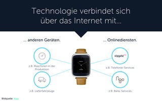 Technologie verbindet sich
über das Internet mit…
… Onlinediensten.
z.B. Telefonie-Services
z.B. Bank-Services
Bildquelle: Asus
z.B. Maschinen in der
Produktion
… anderen Geräten.
z.B. Lieferfahrzeuge
 