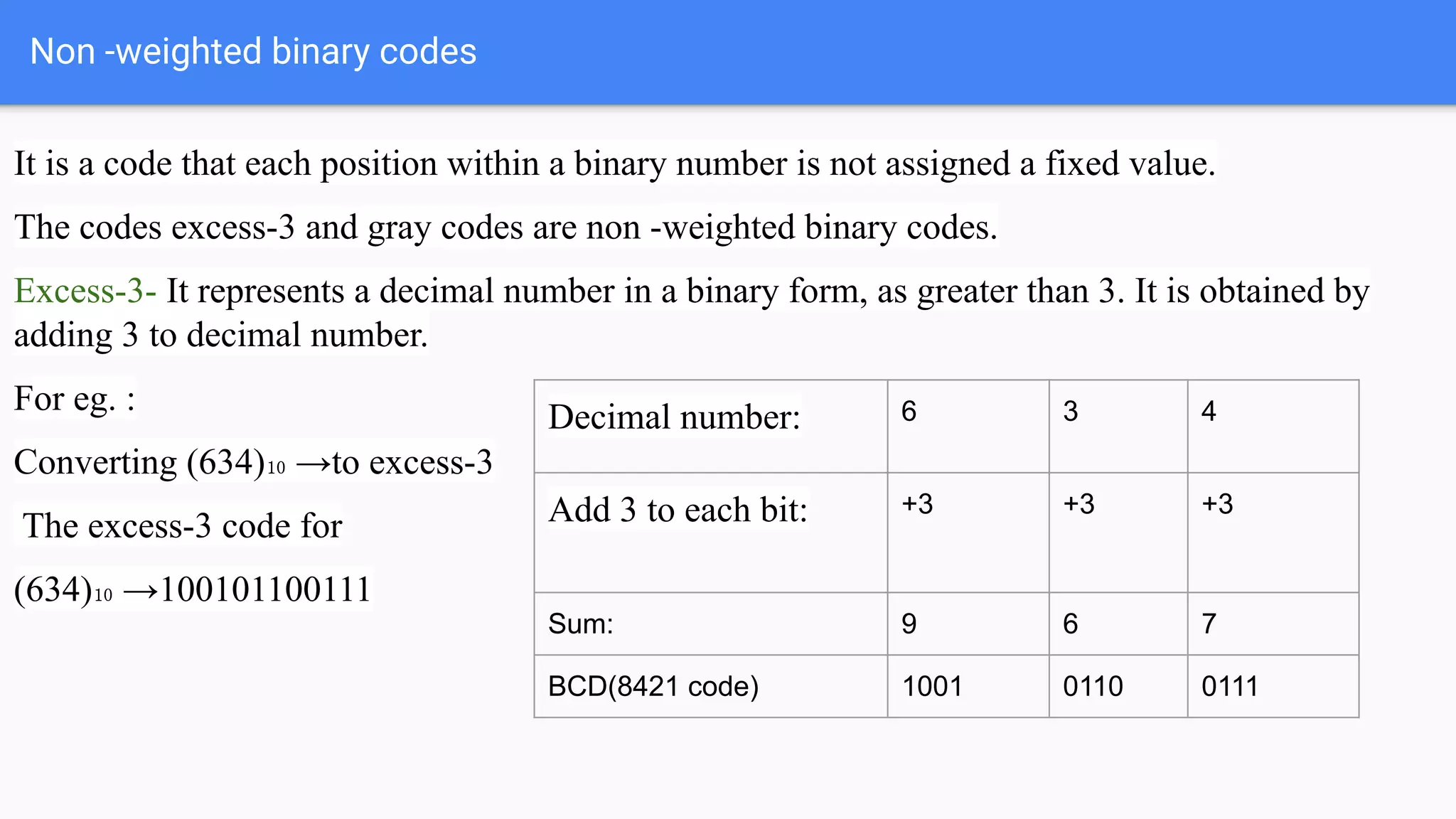 Non -weighted binary codes
It is a code that each position within a binary number is not assigned a fixed value.
The codes excess-3 and gray codes are non -weighted binary codes.
Excess-3- It represents a decimal number in a binary form, as greater than 3. It is obtained by
adding 3 to decimal number.
For eg. :
Converting (634)₁₀ →to excess-3
The excess-3 code for
(634)₁₀ →100101100111
Decimal number: 6 3 4
Add 3 to each bit: +3 +3 +3
Sum: 9 6 7
BCD(8421 code) 1001 0110 0111
 