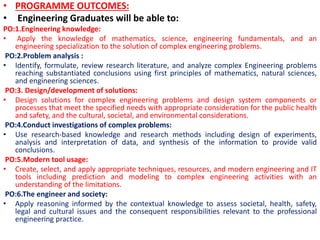 • PROGRAMME OUTCOMES:
• Engineering Graduates will be able to:
PO:1.Engineering knowledge:
• Apply the knowledge of mathematics, science, engineering fundamentals, and an
engineering specialization to the solution of complex engineering problems.
PO:2.Problem analysis :
• Identify, formulate, review research literature, and analyze complex Engineering problems
reaching substantiated conclusions using first principles of mathematics, natural sciences,
and engineering sciences.
PO:3. Design/development of solutions:
• Design solutions for complex engineering problems and design system components or
processes that meet the specified needs with appropriate consideration for the public health
and safety, and the cultural, societal, and environmental considerations.
PO:4.Conduct investigations of complex problems:
• Use research-based knowledge and research methods including design of experiments,
analysis and interpretation of data, and synthesis of the information to provide valid
conclusions.
PO:5.Modern tool usage:
• Create, select, and apply appropriate techniques, resources, and modern engineering and IT
tools including prediction and modeling to complex engineering activities with an
understanding of the limitations.
PO:6.The engineer and society:
• Apply reasoning informed by the contextual knowledge to assess societal, health, safety,
legal and cultural issues and the consequent responsibilities relevant to the professional
engineering practice.
 