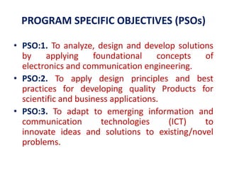 PROGRAM SPECIFIC OBJECTIVES (PSOs)
• PSO:1. To analyze, design and develop solutions
by applying foundational concepts of
electronics and communication engineering.
• PSO:2. To apply design principles and best
practices for developing quality Products for
scientific and business applications.
• PSO:3. To adapt to emerging information and
communication technologies (ICT) to
innovate ideas and solutions to existing/novel
problems.
 