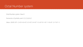 Octal Number system
Octal Number system- Base 8
Numerals or Symbols used- 0,1,2,3,4,5,6,7,
Value- 26345.167= 2×8^4+6×8^3+3×8^2+4×8^1+5×8^0+1×8^-1+6×8^-2+7×8^-3
 