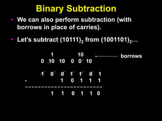Binary Subtraction
• We can also perform subtraction (with
borrows in place of carries).
• Let’s subtract (10111)2 from (1001101)2…
1 10
0 10 10 0 0 10
1 0 0 1 1 0 1
- 1 0 1 1 1
------------------------
1 1 0 1 1 0
borrows
 