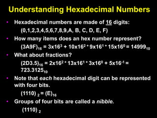 Understanding Hexadecimal Numbers
• Hexadecimal numbers are made of 16 digits:
(0,1,2,3,4,5,6,7,8,9,A, B, C, D, E, F)
• How many items does an hex number represent?
(3A9F)16 = 3x163 + 10x162 + 9x161 + 15x160 = 1499910
• What about fractions?
(2D3.5)16 = 2x162 + 13x161 + 3x160 + 5x16-1 =
723.312510
• Note that each hexadecimal digit can be represented
with four bits.
(1110) 2 = (E)16
• Groups of four bits are called a nibble.
(1110) 2
 