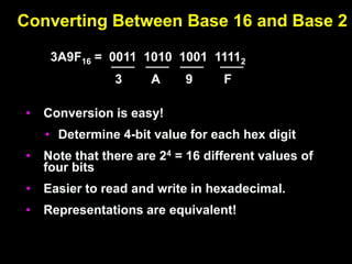Converting Between Base 16 and Base 2
• Conversion is easy!
• Determine 4-bit value for each hex digit
• Note that there are 24 = 16 different values of
four bits
• Easier to read and write in hexadecimal.
• Representations are equivalent!
3A9F16 = 0011 1010 1001 11112
3 A 9 F
 