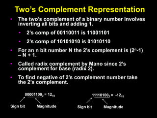 Two’s Complement Representation
• The two’s complement of a binary number involves
inverting all bits and adding 1.
• 2’s comp of 00110011 is 11001101
• 2’s comp of 10101010 is 01010110
• For an n bit number N the 2’s complement is (2n-1)
– N + 1.
• Called radix complement by Mano since 2’s
complement for base (radix 2).
• To find negative of 2’s complement number take
the 2’s complement.
000011002 = 1210
Sign bit Magnitude
111101002 = -1210
Sign bit Magnitude
 