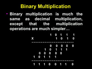 Binary Multiplication
Binary Multiplication
• Binary multiplication is much the
Binary multiplication is much the
same as decimal multiplication,
same as decimal multiplication,
except that the multiplication
except that the multiplication
operations are much simpler…
operations are much simpler…
1 0 1 1 1
X 1 0 1 0
-----------------------
0 0 0 0 0
1 0 1 1 1
0 0 0 0 0
1 0 1 1 1
-----------------------
1 1 1 0 0 1 1 0
 
