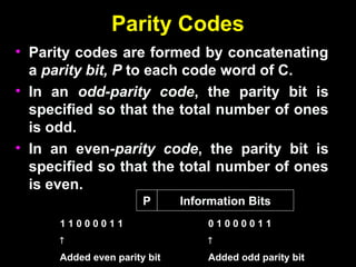Parity Codes
Parity Codes
• Parity codes are formed by concatenating
Parity codes are formed by concatenating
a
a parity bit, P
parity bit, P to each code word of C.
to each code word of C.
• In an
In an odd-parity code
odd-parity code, the parity bit is
, the parity bit is
specified so that the total number of ones
specified so that the total number of ones
is odd.
is odd.
• In an even
In an even-parity code
-parity code, the parity bit is
, the parity bit is
specified so that the total number of ones
specified so that the total number of ones
is even.
is even.
Information Bits
P
1 1 0 0 0 0 1 1

Added even parity bit
0 1 0 0 0 0 1 1

Added odd parity bit
 