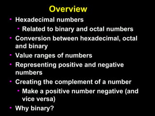 Overview
Overview
• Hexadecimal numbers
Hexadecimal numbers
• Related to binary and octal numbers
Related to binary and octal numbers
• Conversion between hexadecimal, octal
Conversion between hexadecimal, octal
and binary
and binary
• Value ranges of numbers
Value ranges of numbers
• Representing positive and negative
Representing positive and negative
numbers
numbers
• Creating the complement of a number
Creating the complement of a number
• Make a positive number negative (and
Make a positive number negative (and
vice versa)
vice versa)
• Why binary?
Why binary?
 