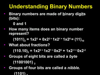 Understanding Binary Numbers
Understanding Binary Numbers
• Binary numbers are made of
Binary numbers are made of b
binary dig
inary digit
its
s
(bits):
(bits):
0 and 1
0 and 1
• How many items does an binary number
How many items does an binary number
represent?
represent?
(1011)
(1011)2
2 = 1x2
= 1x23
3
+ 0x2
+ 0x22 +
2 +
1x2
1x21 +
1 +
1x2
1x20
0
= (11)
= (11)10
10
• What about fractions?
What about fractions?
(110.10)
(110.10)2
2 = 1x2
= 1x22 +
2 +
1x2
1x21 +
1 +
0x2
0x20
0
+ 1x2
+ 1x2-1 +
-1 +
0x2
0x2-2
-2
• Groups of eight bits are called a
Groups of eight bits are called a byte
byte
(11001001)
(11001001) 2
2
• Groups of four bits are called a
Groups of four bits are called a nibble.
nibble.
(1101)
 