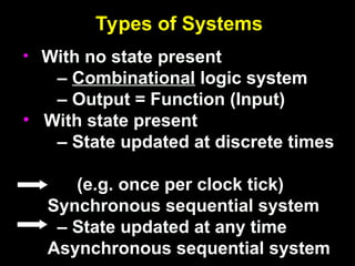 Types of Systems
• With no state present
– Combinational logic system
– Output = Function (Input)
• With state present
– State updated at discrete times
(e.g. once per clock tick)
Synchronous sequential system
– State updated at any time
Asynchronous sequential system
 