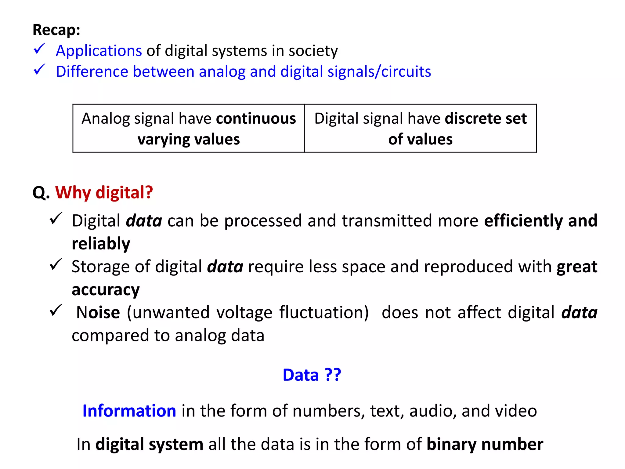 Recap:
 Applications of digital systems in society
 Difference between analog and digital signals/circuits
Analog signal have continuous
varying values
Digital signal have discrete set
of values
Information in the form of numbers, text, audio, and video
In digital system all the data is in the form of binary number
Q. Why digital?
 Digital data can be processed and transmitted more efficiently and
reliably
 Storage of digital data require less space and reproduced with great
accuracy
 Noise (unwanted voltage fluctuation) does not affect digital data
compared to analog data
Data ??
 