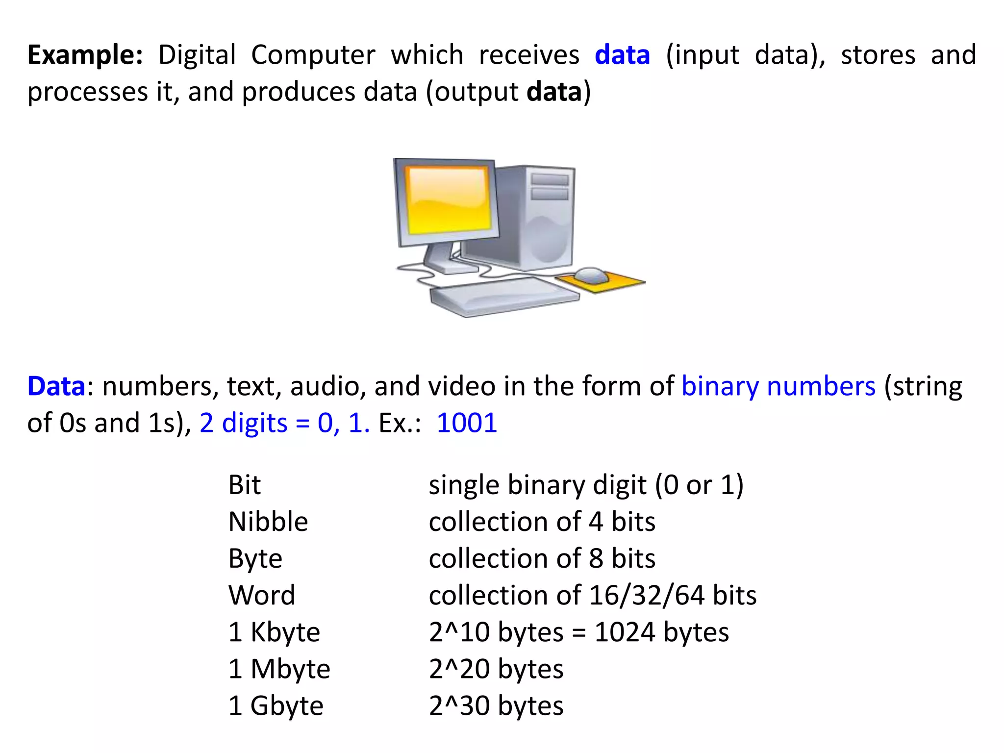 Example: Digital Computer which receives data (input data), stores and
processes it, and produces data (output data)
Data: numbers, text, audio, and video in the form of binary numbers (string
of 0s and 1s), 2 digits = 0, 1. Ex.: 1001
Bit single binary digit (0 or 1)
Nibble collection of 4 bits
Byte collection of 8 bits
Word collection of 16/32/64 bits
1 Kbyte 2^10 bytes = 1024 bytes
1 Mbyte 2^20 bytes
1 Gbyte 2^30 bytes
 
