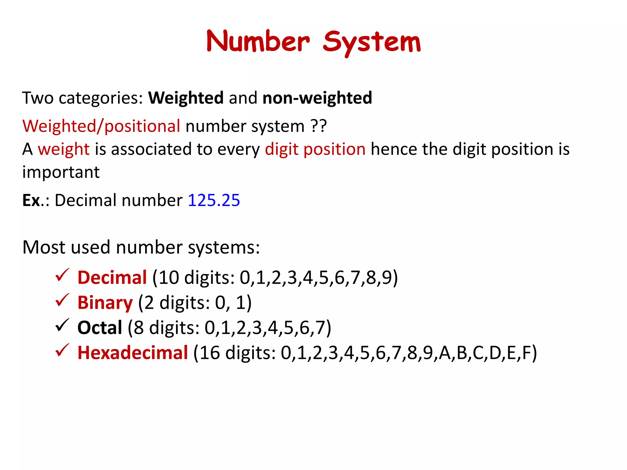 Number System
Two categories: Weighted and non-weighted
Weighted/positional number system ??
A weight is associated to every digit position hence the digit position is
important
Ex.: Decimal number 125.25
Most used number systems:
 Decimal (10 digits: 0,1,2,3,4,5,6,7,8,9)
 Binary (2 digits: 0, 1)
 Octal (8 digits: 0,1,2,3,4,5,6,7)
 Hexadecimal (16 digits: 0,1,2,3,4,5,6,7,8,9,A,B,C,D,E,F)
 