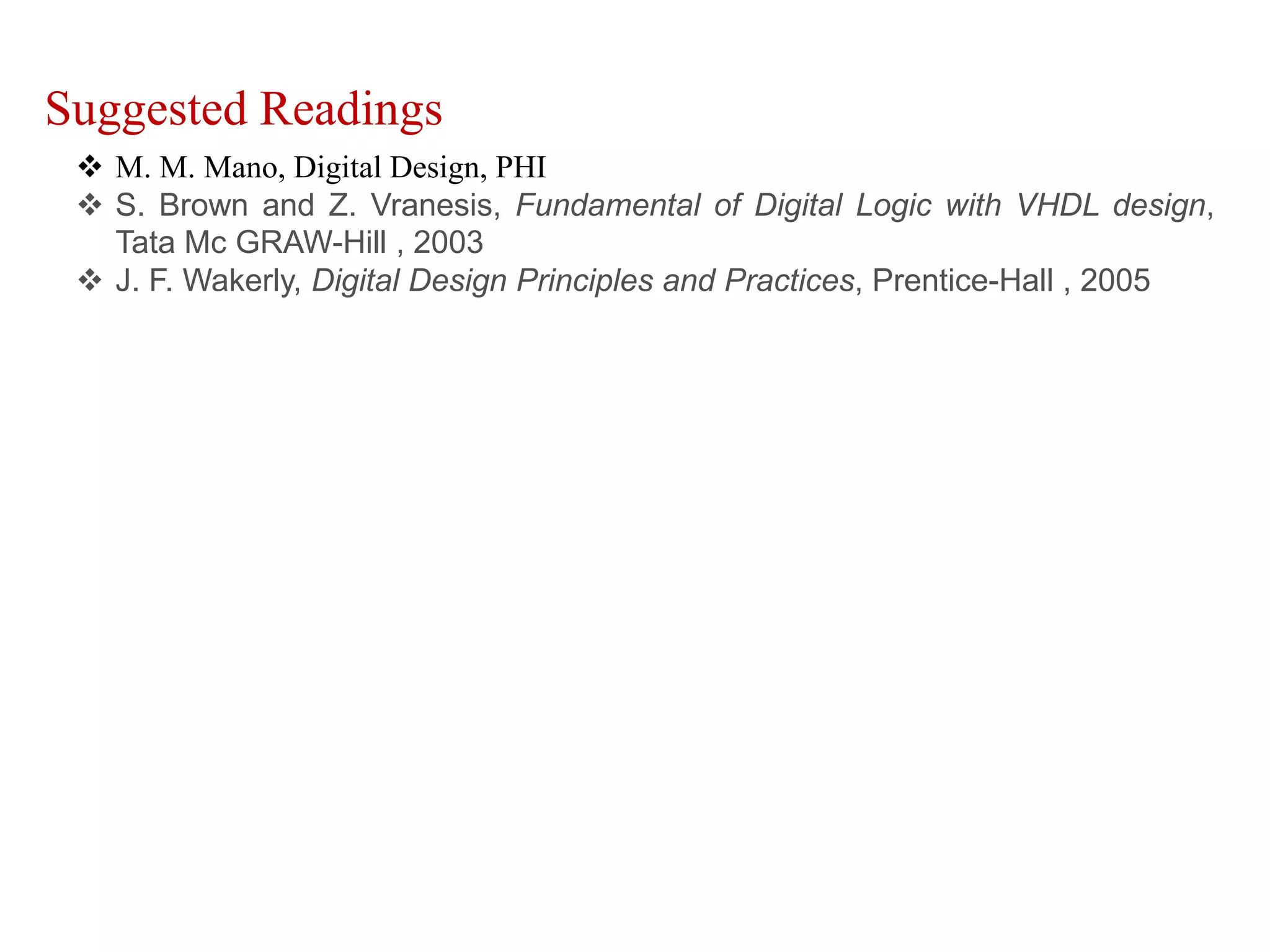 Suggested Readings
 M. M. Mano, Digital Design, PHI
 S. Brown and Z. Vranesis, Fundamental of Digital Logic with VHDL design,
Tata Mc GRAW-Hill , 2003
 J. F. Wakerly, Digital Design Principles and Practices, Prentice-Hall , 2005
 