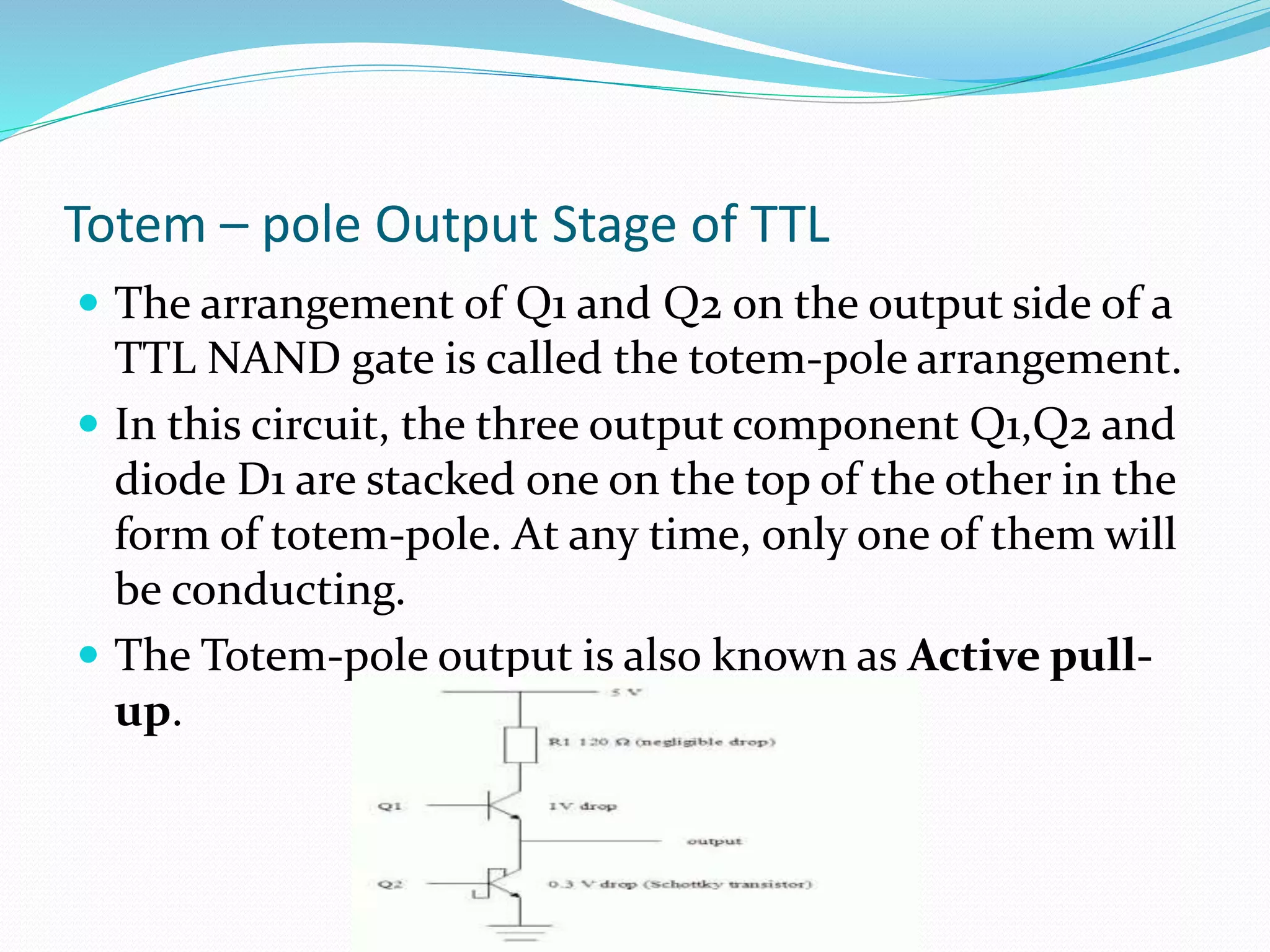 Totem – pole Output Stage of TTL
 The arrangement of Q1 and Q2 on the output side of a
TTL NAND gate is called the totem-pole arrangement.
 In this circuit, the three output component Q1,Q2 and
diode D1 are stacked one on the top of the other in the
form of totem-pole. At any time, only one of them will
be conducting.
 The Totem-pole output is also known as Active pull-
up.
 